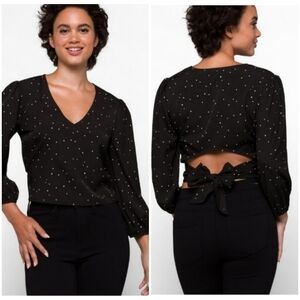 Lush Carly Tie Back Black Polka Dot Long Sleeve Wrap Crop Top Women's Size S